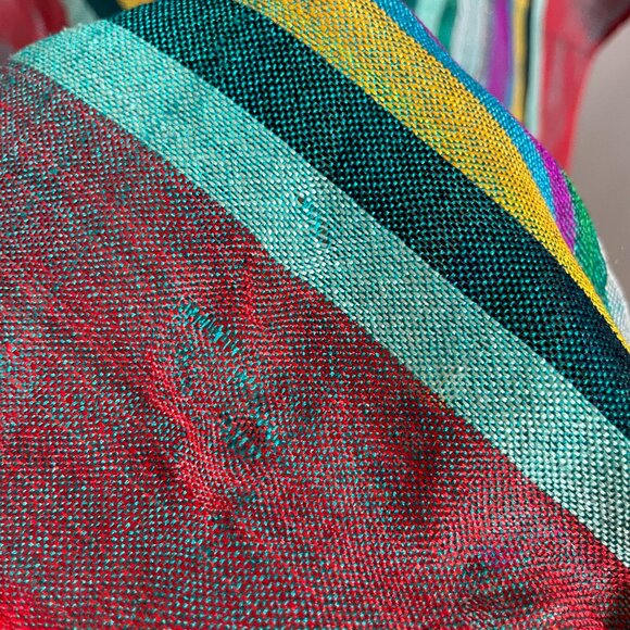 Long Striped Scarf Woven Sparkle Fringe Boho Metallic 82" x 28.5" Green Purple - Picture 9 of 11